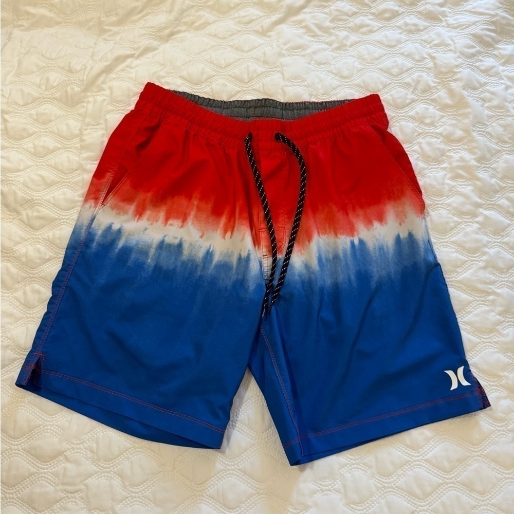 Hurley Mens Reveal Volley Red white & blue tie dye look Swim Trunks L